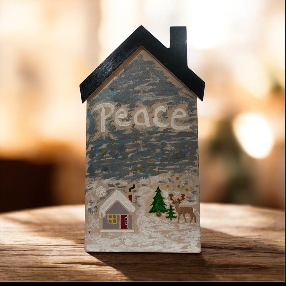 Holiday Decor Handpainted “Peace” House with Black Roof with stand in back